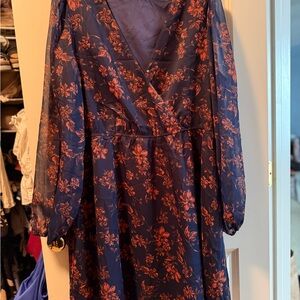 Cupshe Navy Long-Sleeve Floral Wrap Dress with Rust Print